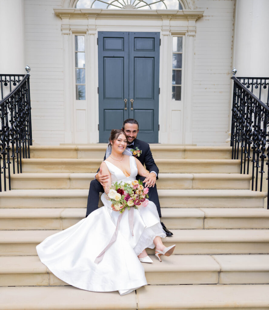 portrait of a Taft Museum of Art wedding couple on the stairs of the main entrance